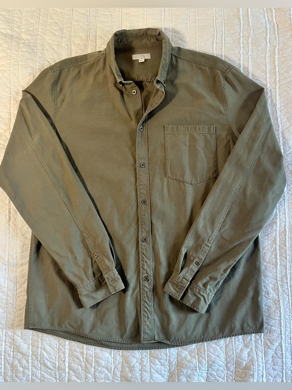 COS Men's Olive Green Long Sleeve Button Down Shirt - Size Large